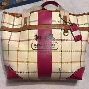 Coach Plaid Cream and Pink Tote Bag